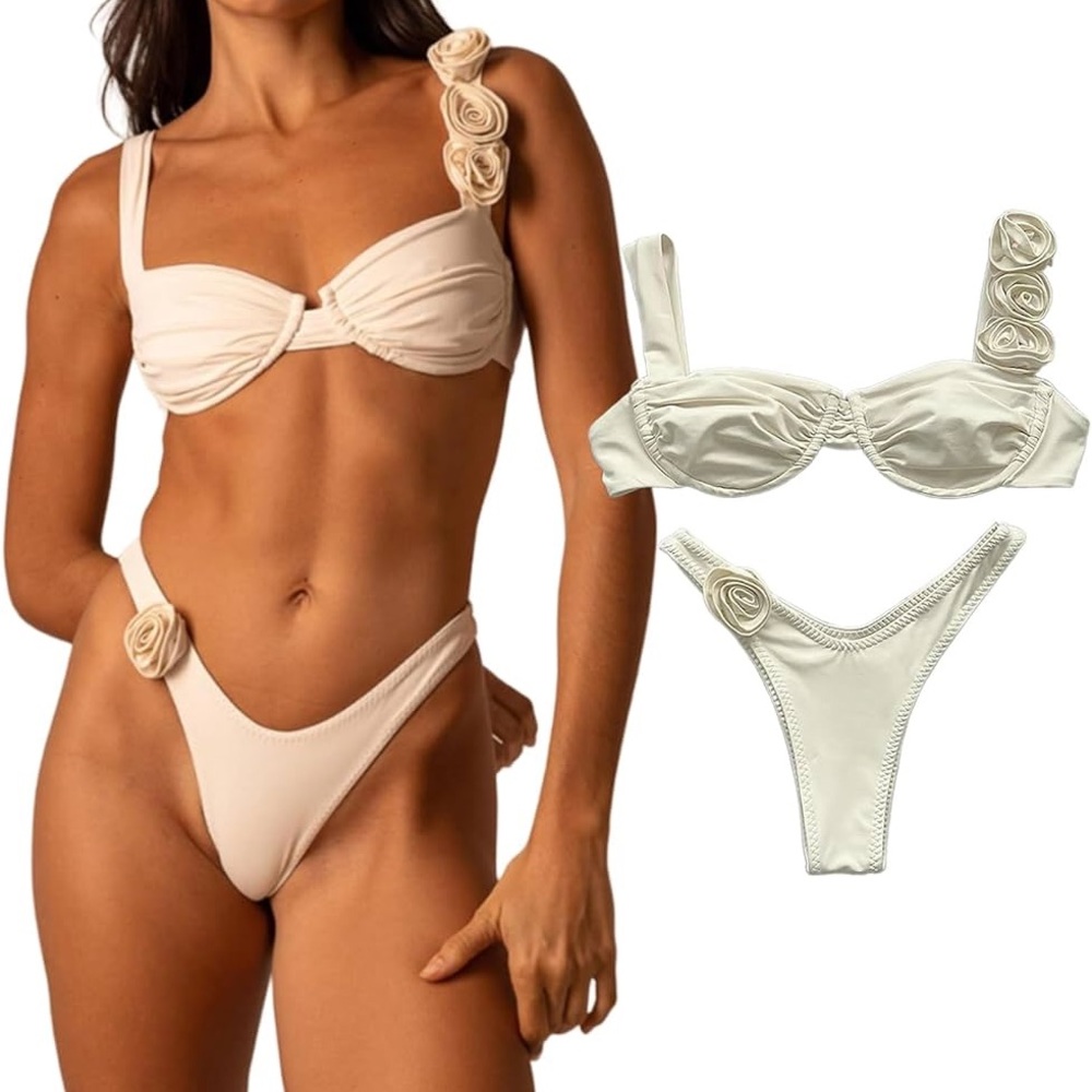 Xs Stylish Cream Bikini Set with Floral Accents